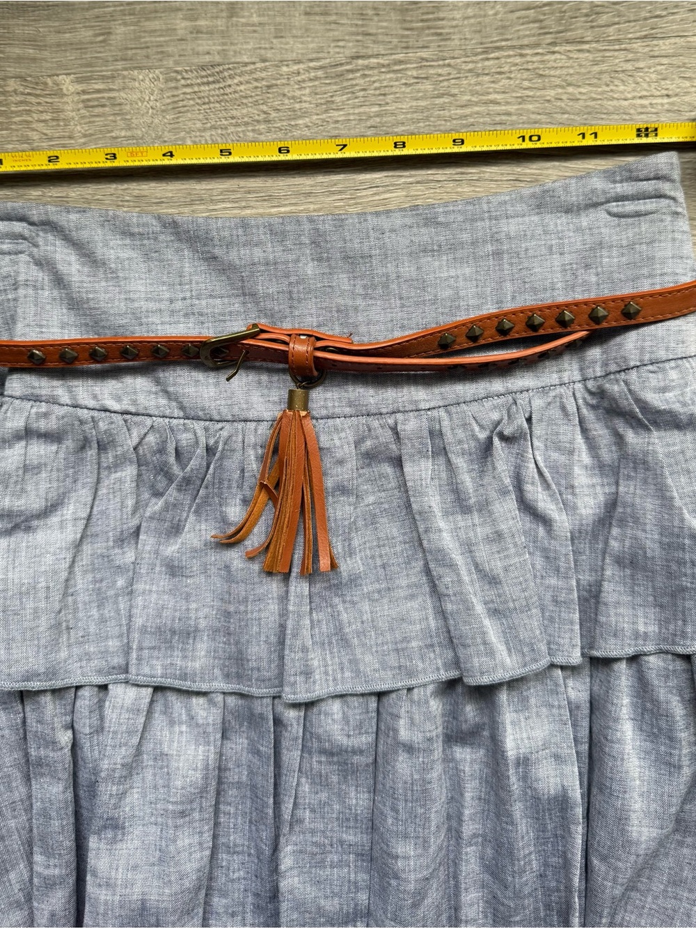 Wet Seal Women’s XS Light Blue Tiered Ruffle Skirt Brown Tasseled Belt NWOT - Picture 6 of 7